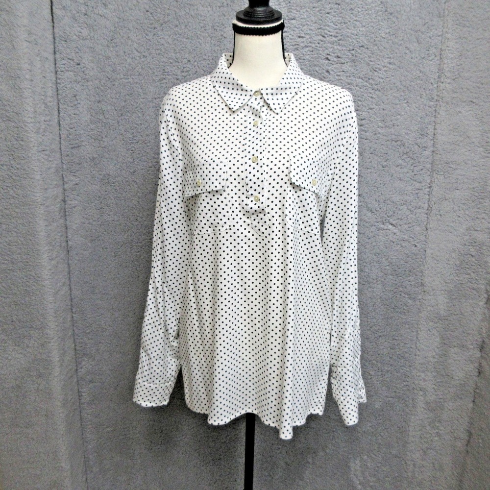 Tinsel Blouse Womens Medium White Polka Dot Button Front Roll Tab Sleeve Tunic